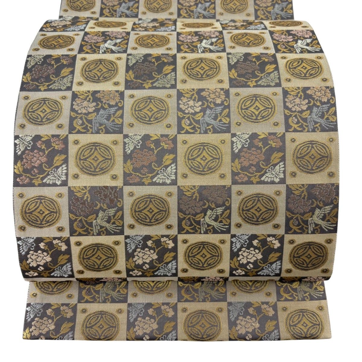 【美品】 袋帯 名品 箔屋清兵衛 落款 草木染 草花 鳥 箔 薄茶色 六通 正絹 【中古】