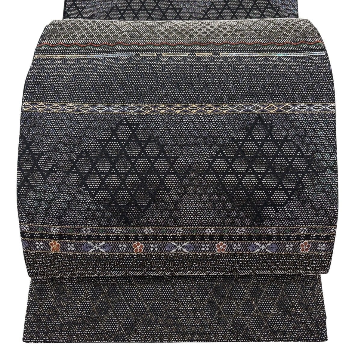 【美品】 袋帯 名品 花 幾何学 金糸 箔 墨色 六通 正絹 【中古】