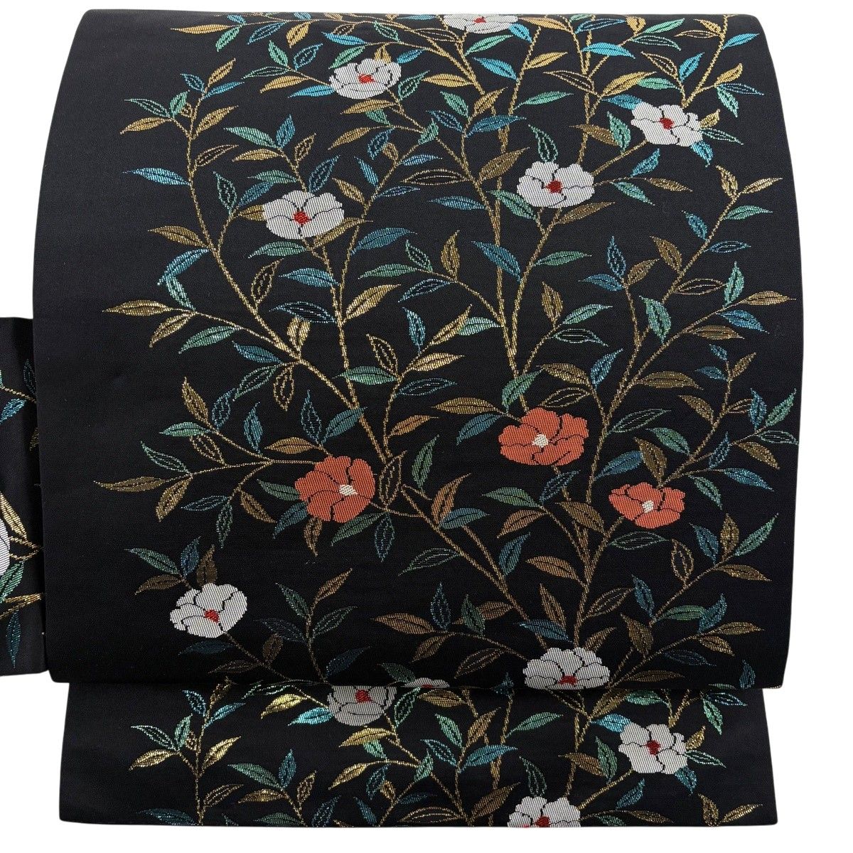 【美品】 名古屋帯 秀品 草花 箔 黒 正絹 【中古】