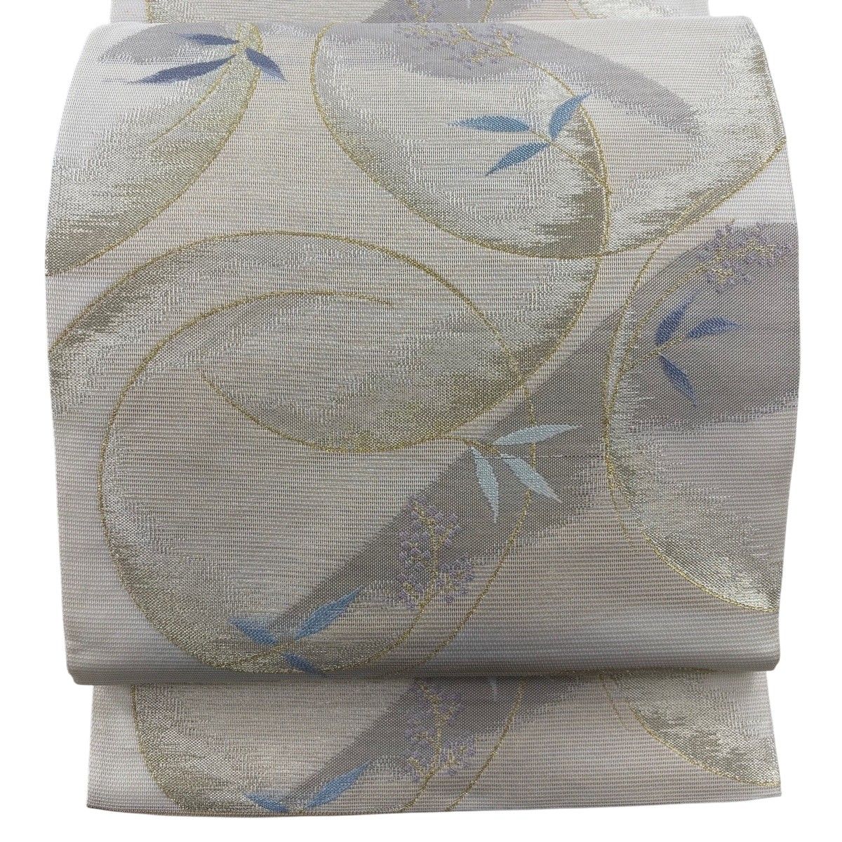 【美品】 袋帯 秀品 夏帯 絽 草花 山 金糸 箔 ベージュ 六通 正絹 【中古】