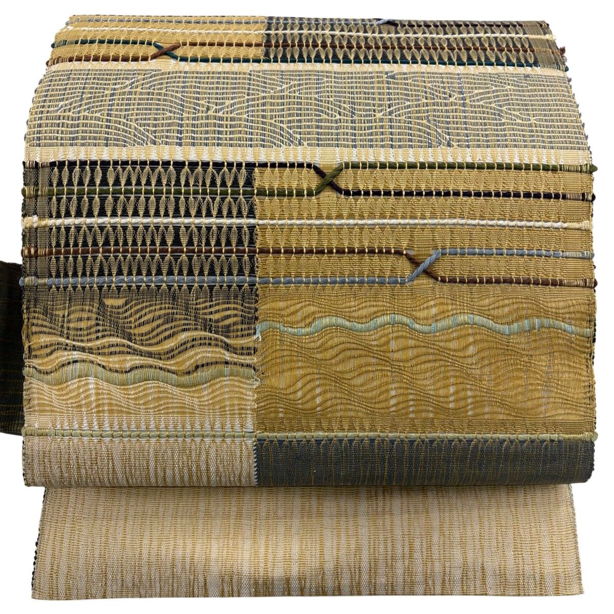 【美品】 名古屋帯 秀品 幾何学 灰緑 正絹 【中古】