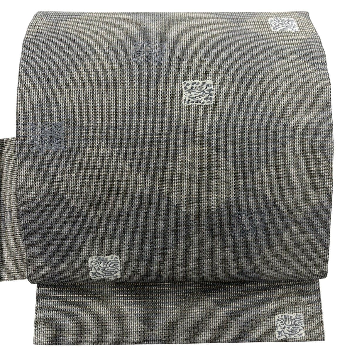 【美品】 名古屋帯 秀品 菱 鳥 箔 灰緑 正絹 【中古】