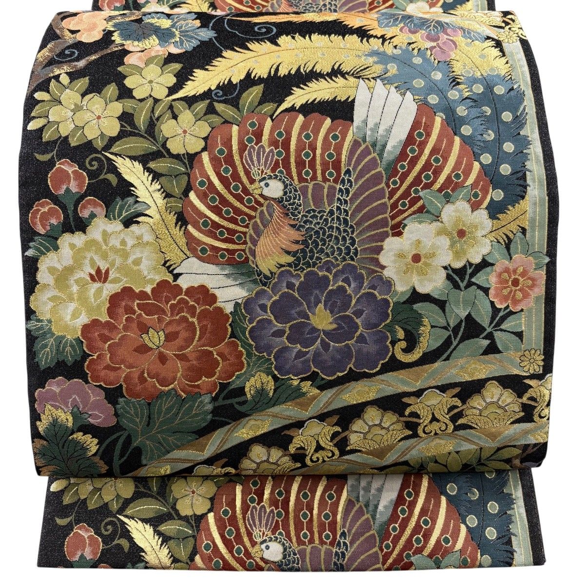 【美品】 袋帯 秀品 鳳凰 草花 金糸 箔 黒 六通 正絹 【中古】