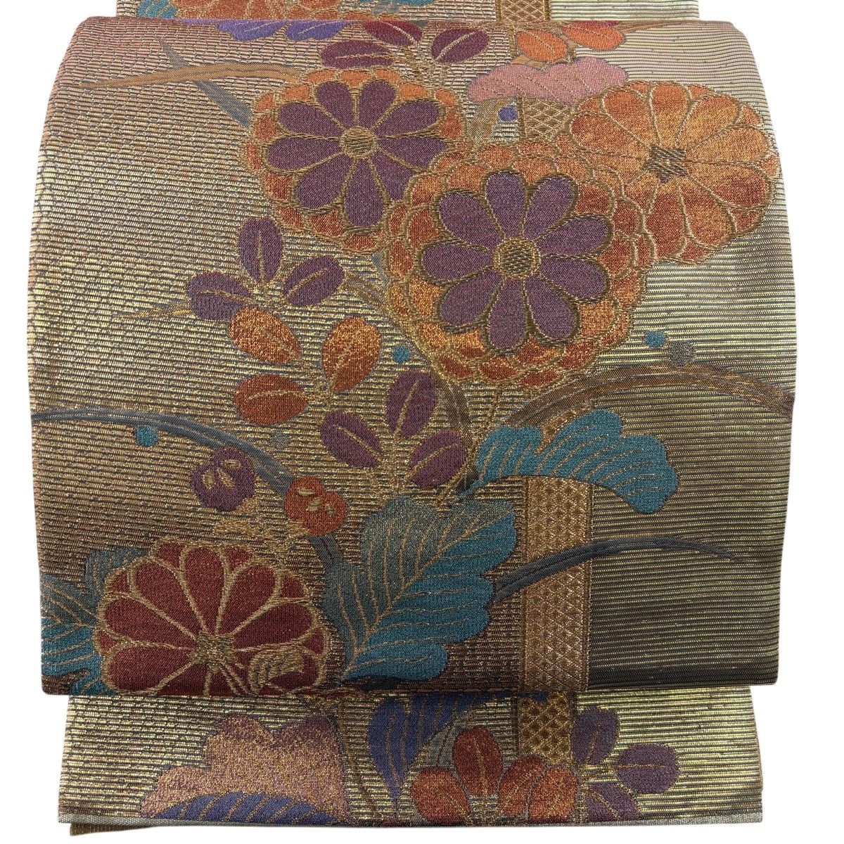 【美品】 袋帯 秀品 菊 萩 金糸 箔 金色 六通 正絹 【中古】