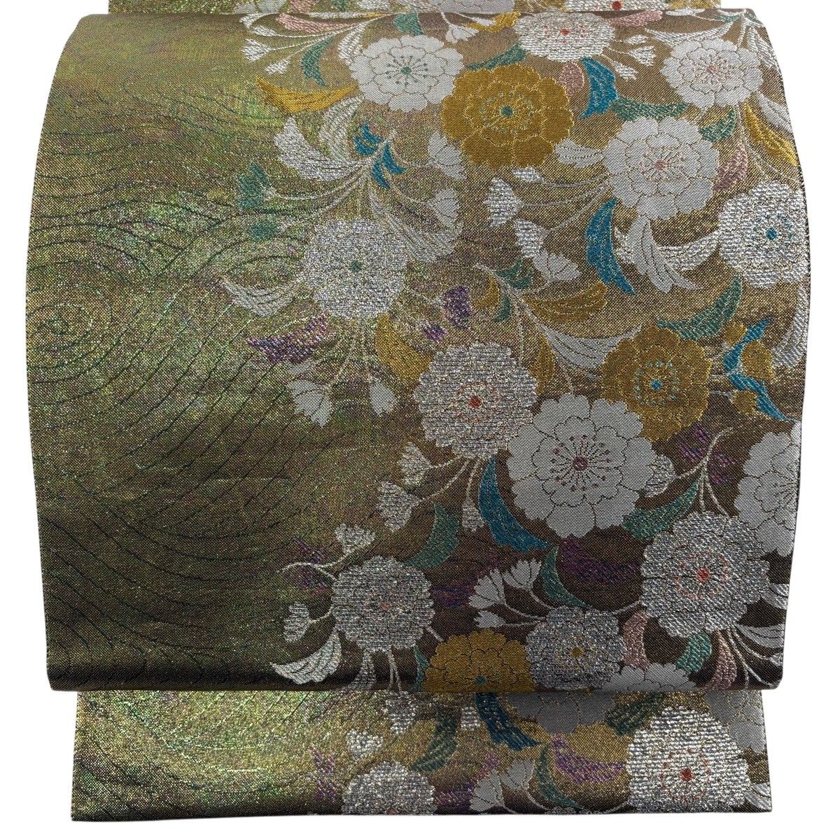 【美品】 袋帯 秀品 草花 波 金銀糸 箔 金色 六通 正絹 【中古】