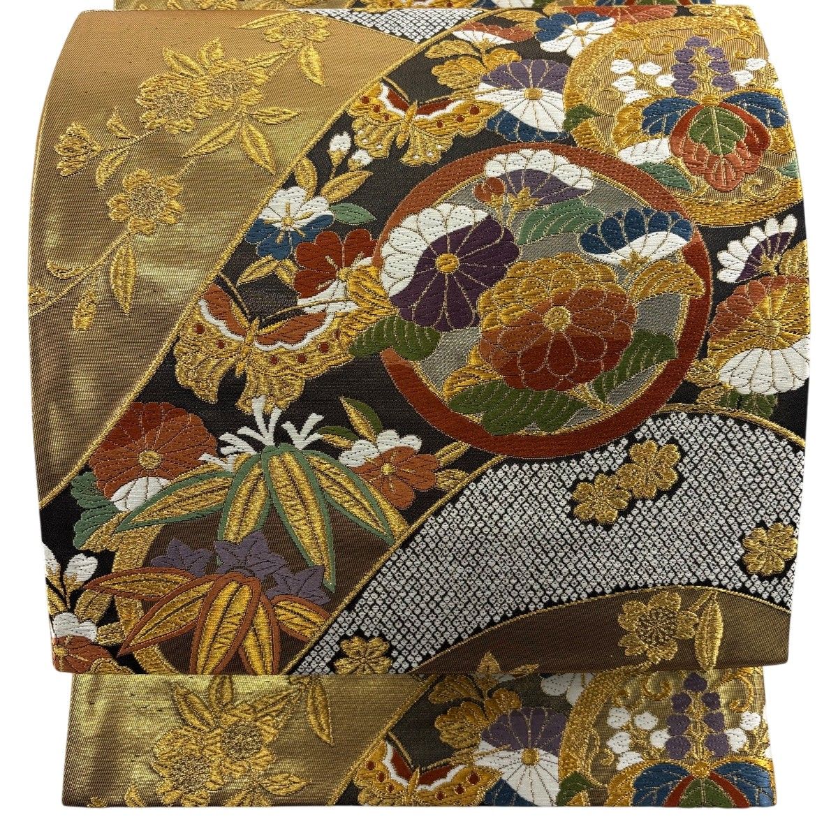 【美品】 袋帯 秀品 鎌倉文 草花 唐織 金銀糸 金色 六通 正絹 【中古】