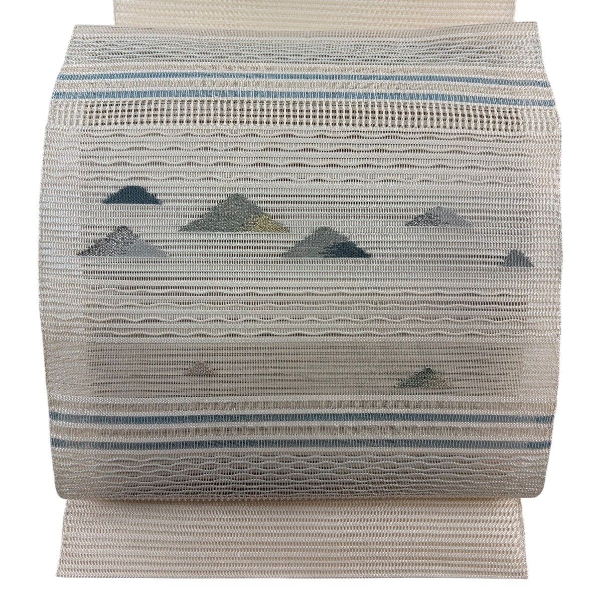 【美品】 名古屋帯 秀品 夏帯 絽 八寸名古屋帯 松葉仕立て 山 霞 金銀糸 クリーム 正絹 【中古】