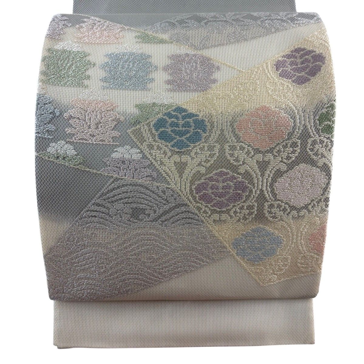 【美品】 袋帯 秀品 夏帯 草花 波 刺繍 クリーム お太鼓柄 正絹 【中古】