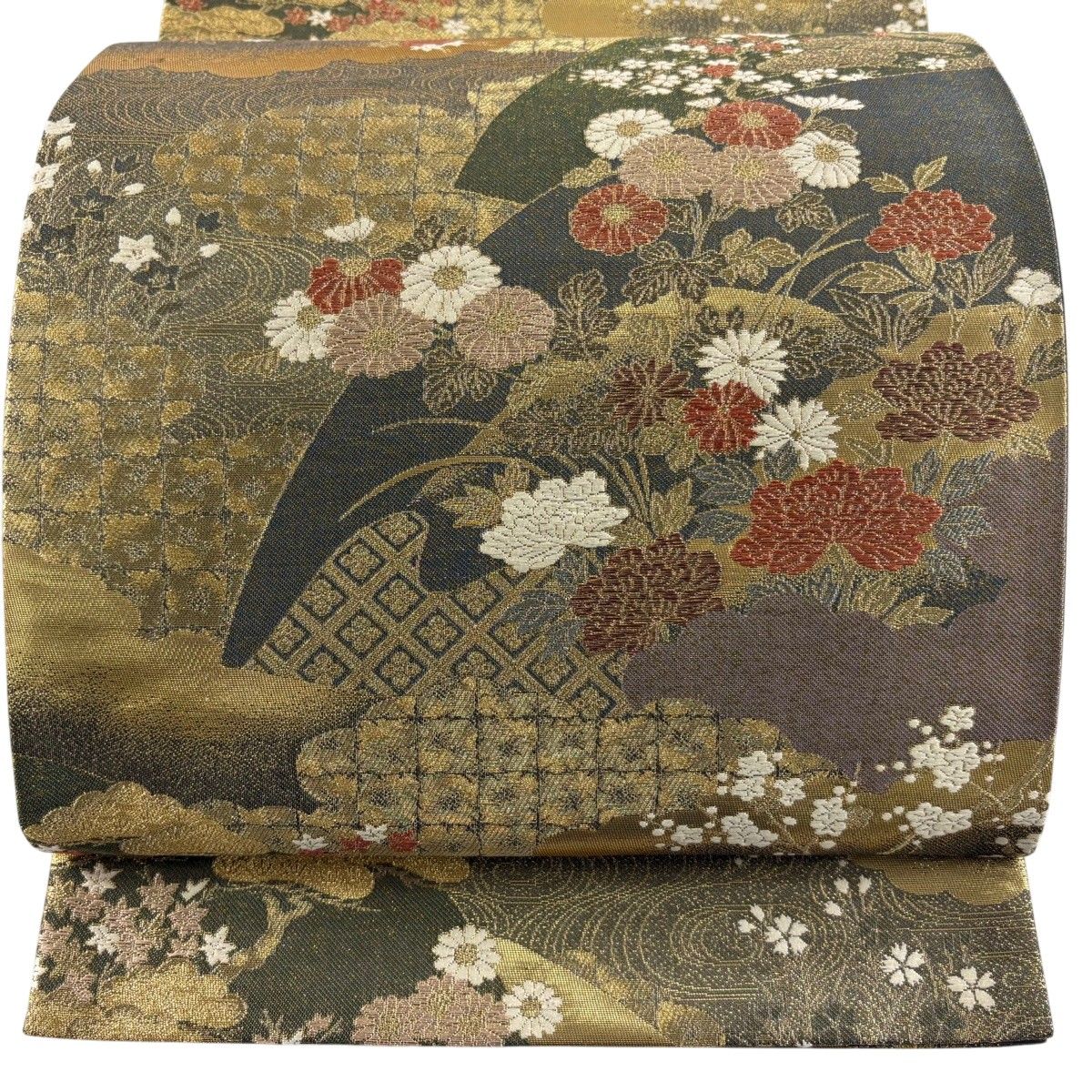 【美品】 袋帯 秀品 扇面四季の彩文 金糸 箔 金色 六通 正絹 【中古】