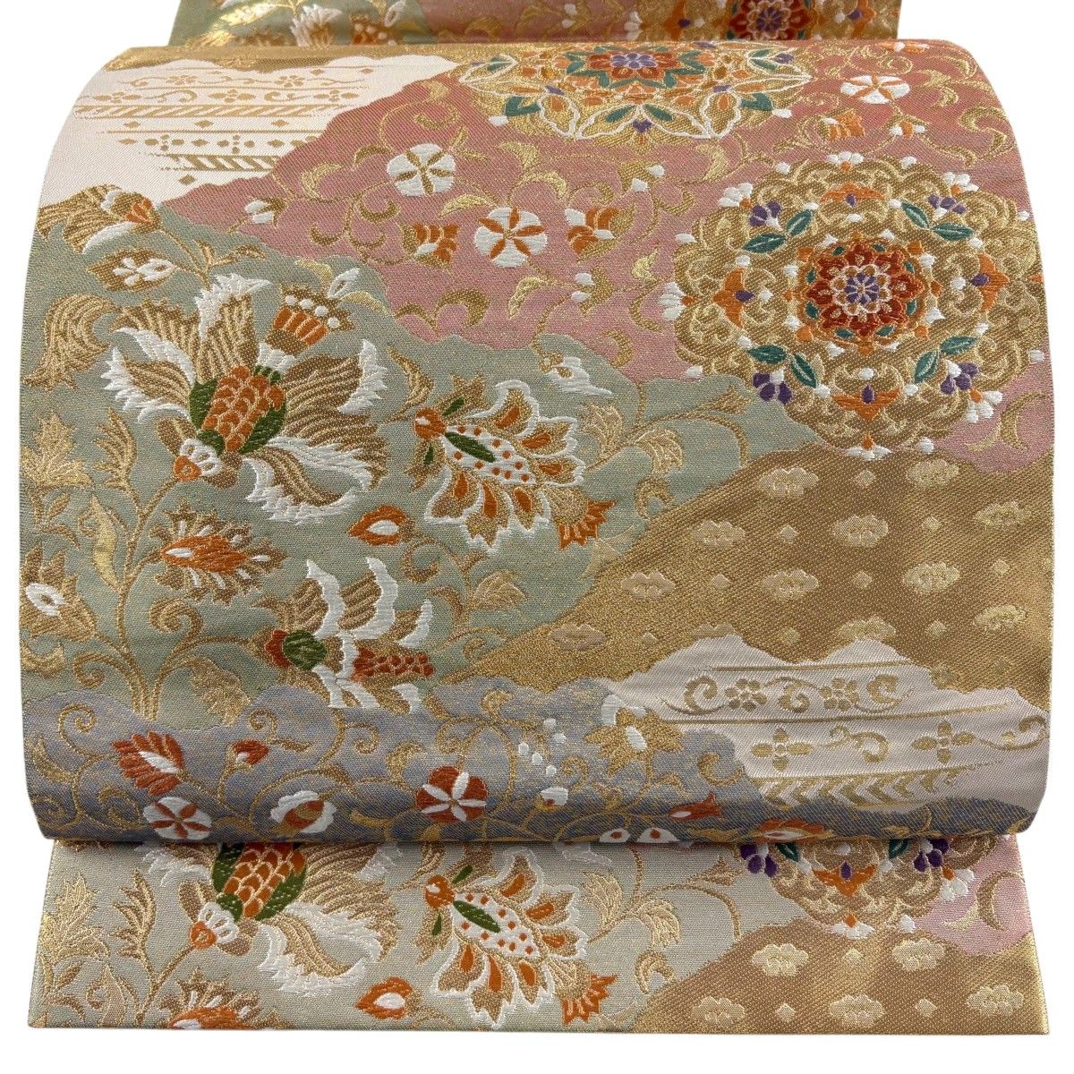 【美品】 袋帯 秀品 服部織物 落款 華文 花唐草 金糸 箔 ベージュ 六通 正絹 【中古】