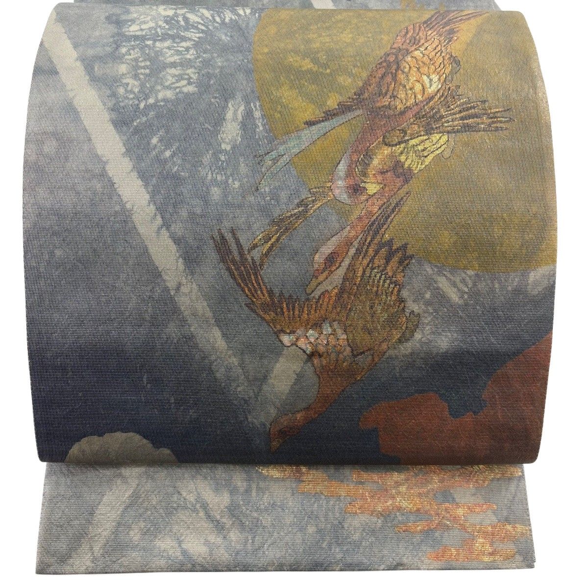 袋帯 秀品 鳥 月 螺鈿箔 箔 灰色 お太鼓柄 正絹 【中古】