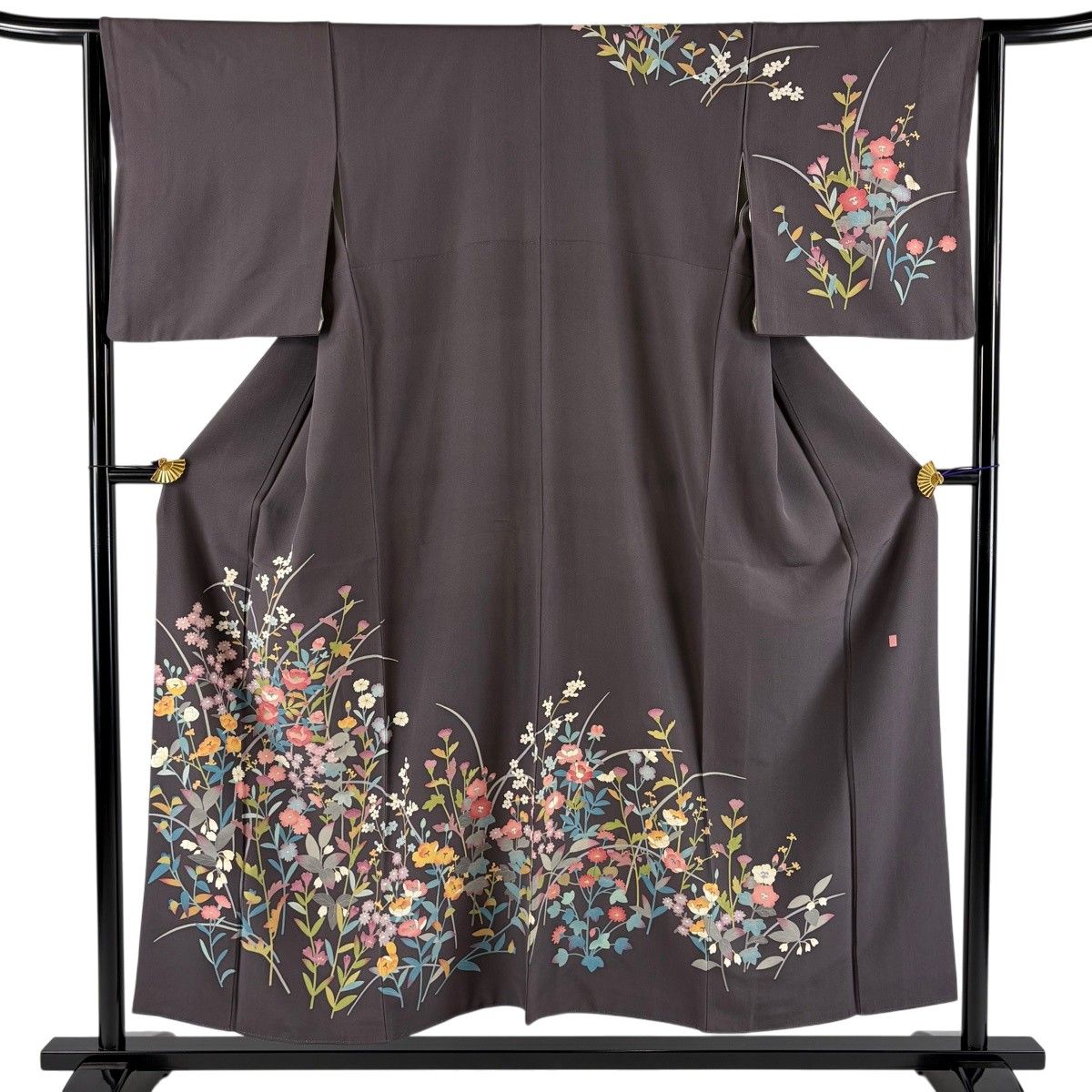 訪問着 身丈153cm 裄丈63.5cm S 袷 落款 草花 灰紫 正絹 秀品 【中古