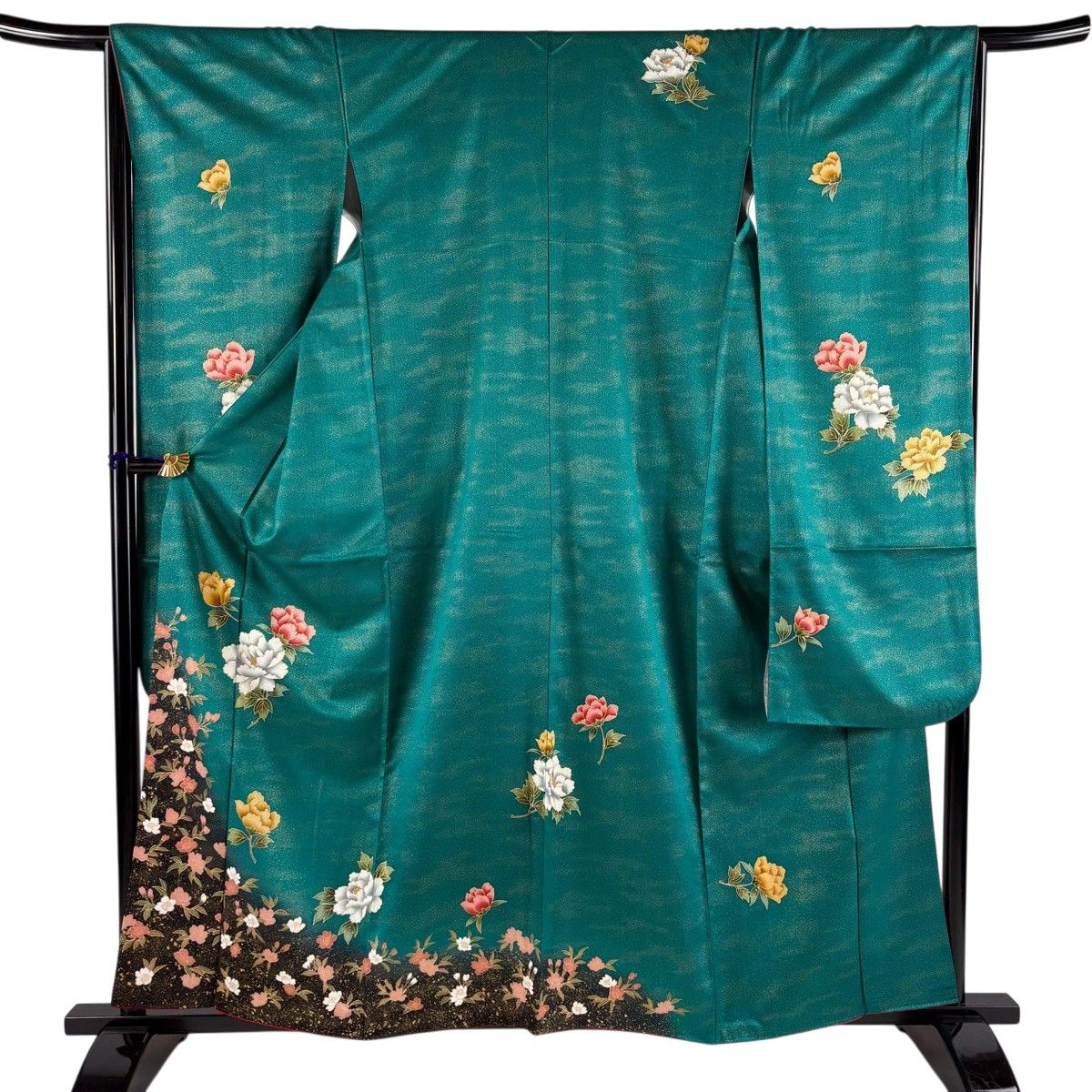 【美品】 振袖 身丈159cm 裄丈65cm M 袷 牡丹 桜 金彩 ぼかし 緑 正絹 秀品 【中古】