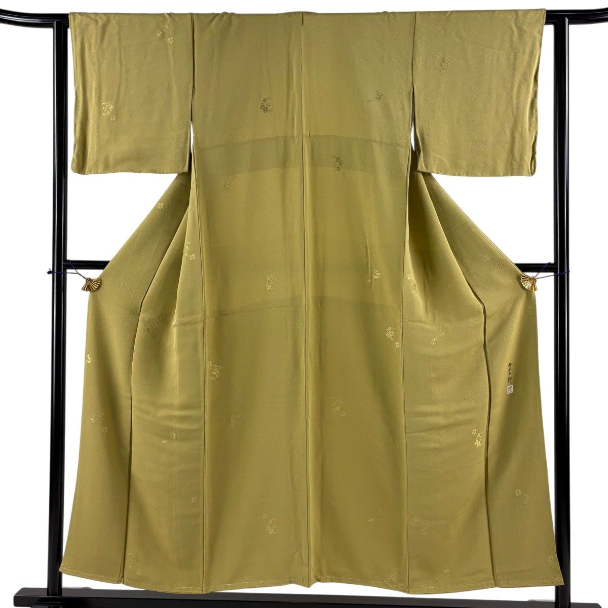 【美品】 小紋 身丈151cm 裄丈63cm S 袷 柿本市郎 落款 梅 からし色 正絹 秀品 【中古】