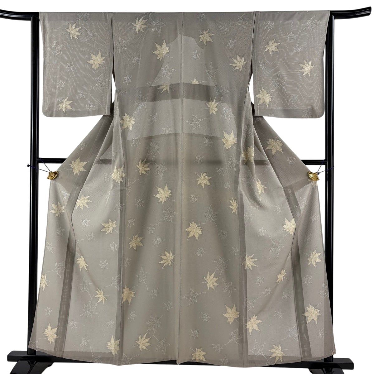 小紋 身丈157cm 裄丈64cm M 薄物 絽 楓 灰茶 正絹 秀品 【中古】