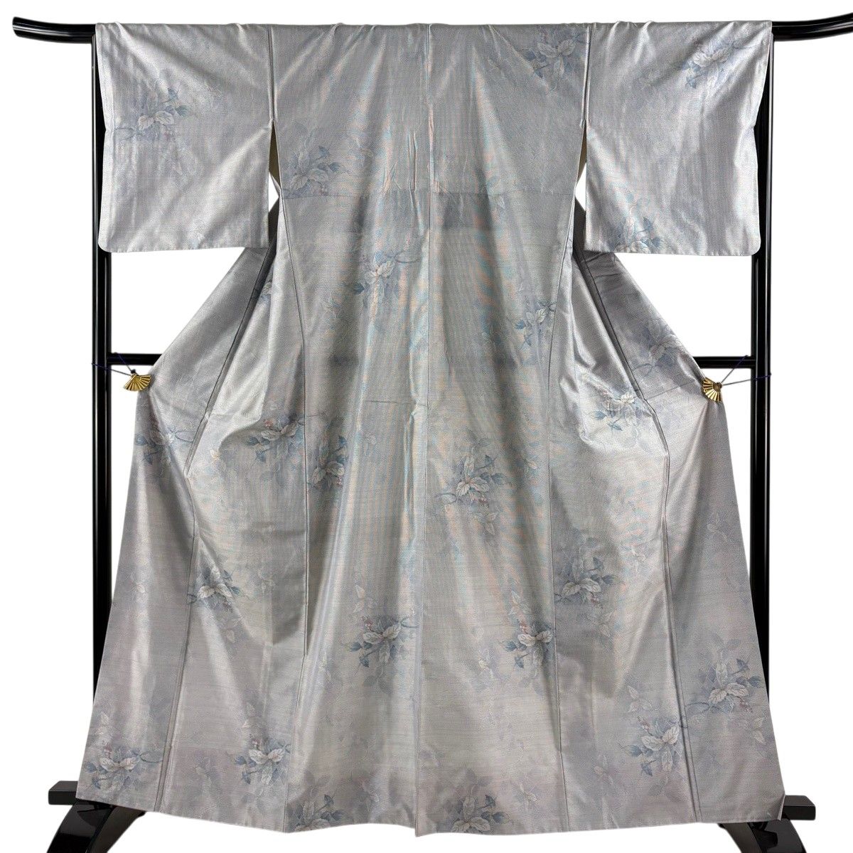 紬 身丈162.5cm 裄丈67.5cm L 袷 葉と実 菱文 青灰色 正絹 秀品 【中古】