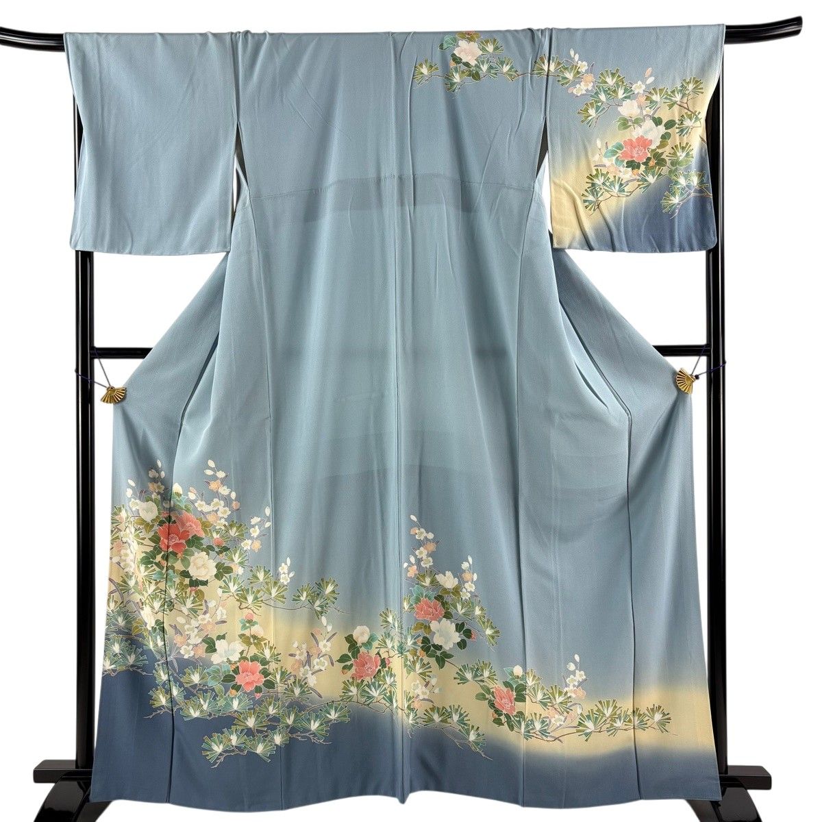 訪問着 身丈163.5cm 裄丈69.5cm L 袷 枝花 若松 ぼかし 青灰色 正絹 秀