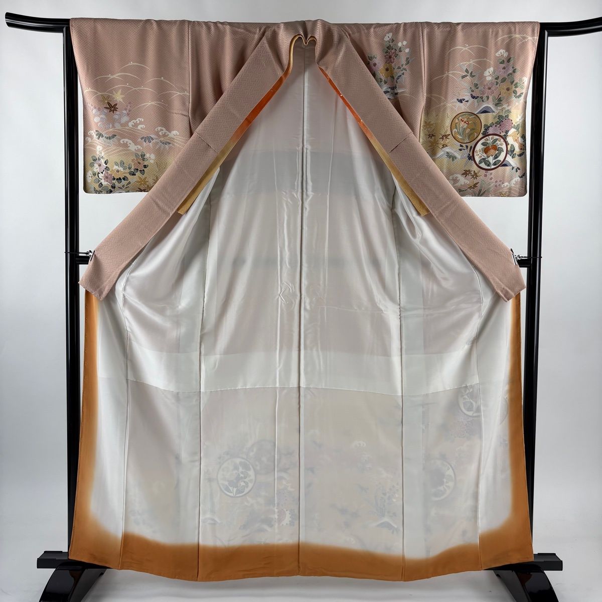 美品】 訪問着 身丈162cm 裄丈64cm M 袷 草花 波 ぼかし ピンク