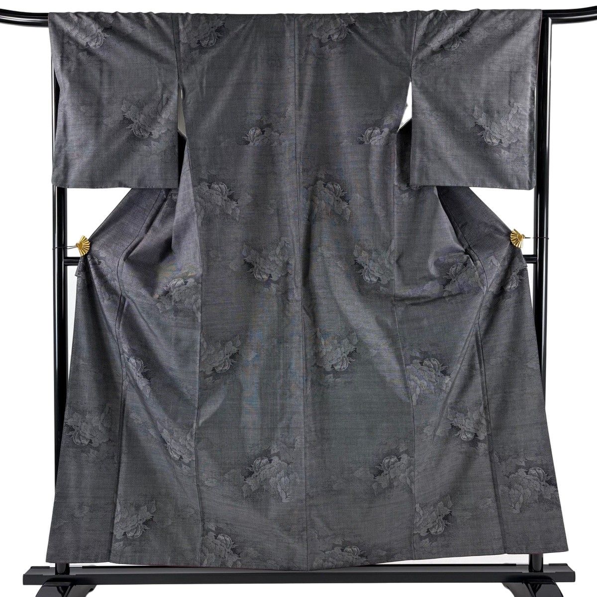 【美品】 紬 身丈158cm 裄丈66.5cm M 袷 草花 黒灰 正絹 秀品 【中古】