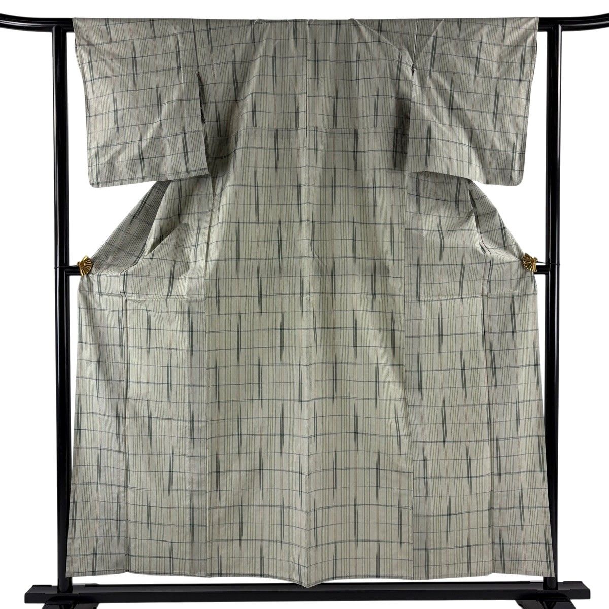 紬 身丈157cm 裄丈61cm S 単衣 縞 灰緑 正絹 秀品 【中古】