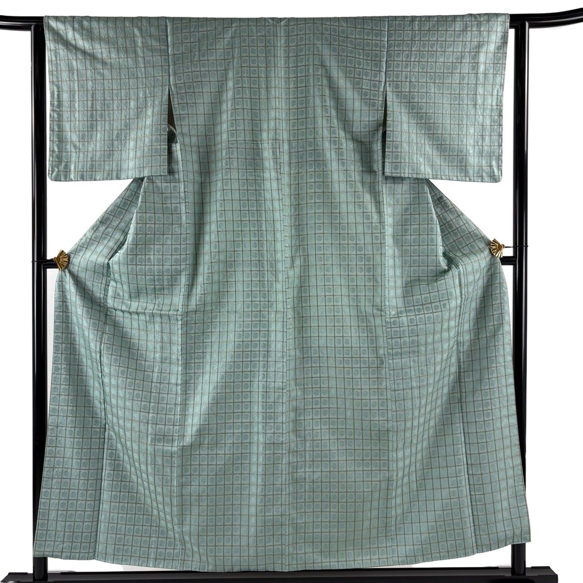 小紋 身丈152cm 裄丈62cm S 袷 格子 幾何学模様 薄緑 正絹 秀品 【中古】 5,372円