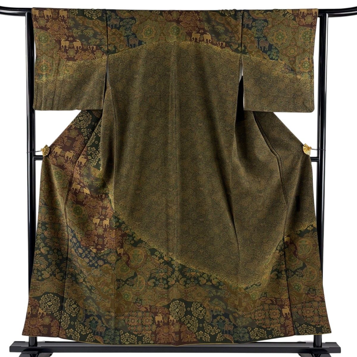 【美品】 訪問着 身丈155cm 裄丈63.5cm S 袷 落款 動物 草花 茶緑色 正絹 秀品 【中古】