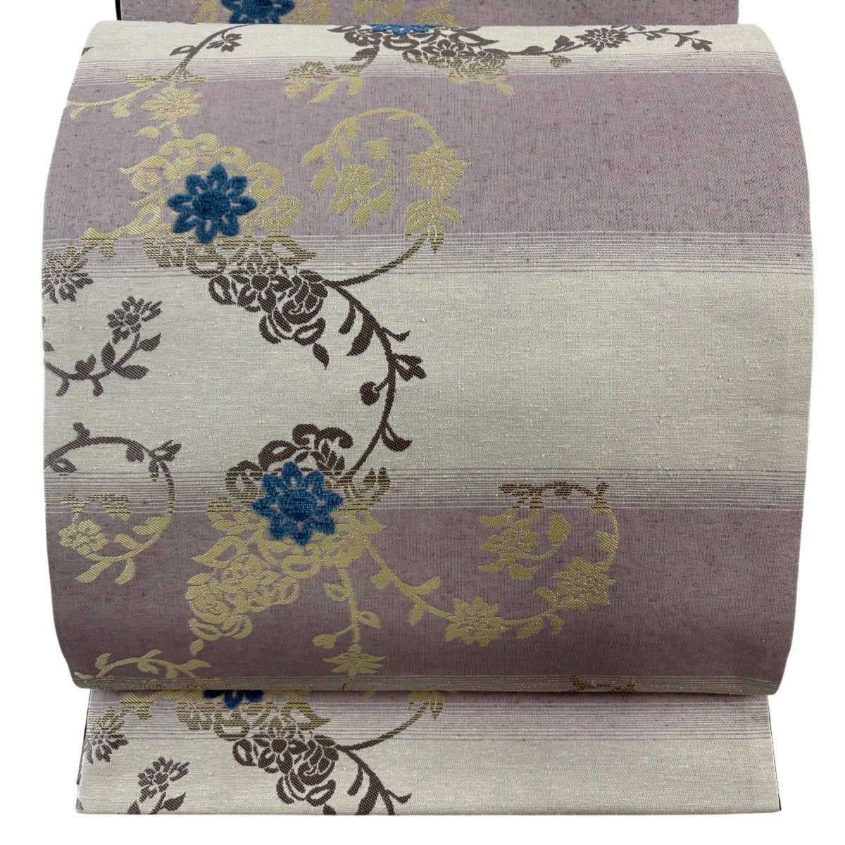 【美品】 袋帯 逸品 想屋 花唐草 段縞 薄紫 全通 正絹 【中古】