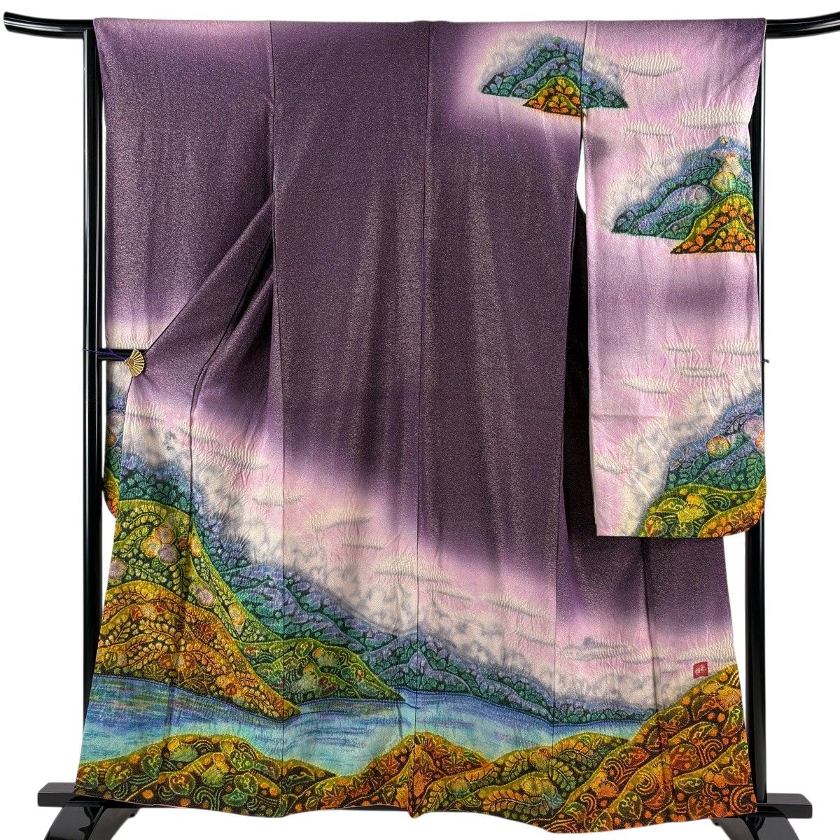 【美品】 振袖 身丈159cm 裄丈65cm M 袷 樋熊哲也 落款 辻が花柄 霞 金通し ぼかし 紫 正絹 逸品 【中古】