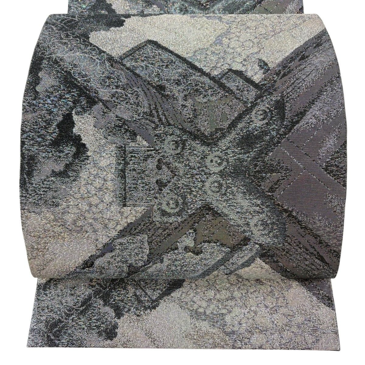 【美品】 袋帯 逸品 佐波理 落款 佐波理綴 幾何学模様 箔 黒灰 六通 正絹 【中古】