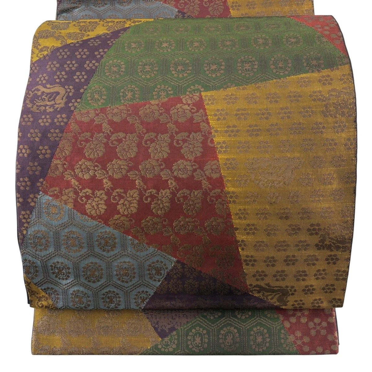 袋帯 逸品 本袋 花唐草 亀甲 箔 濃紫 六通 正絹 【中古】