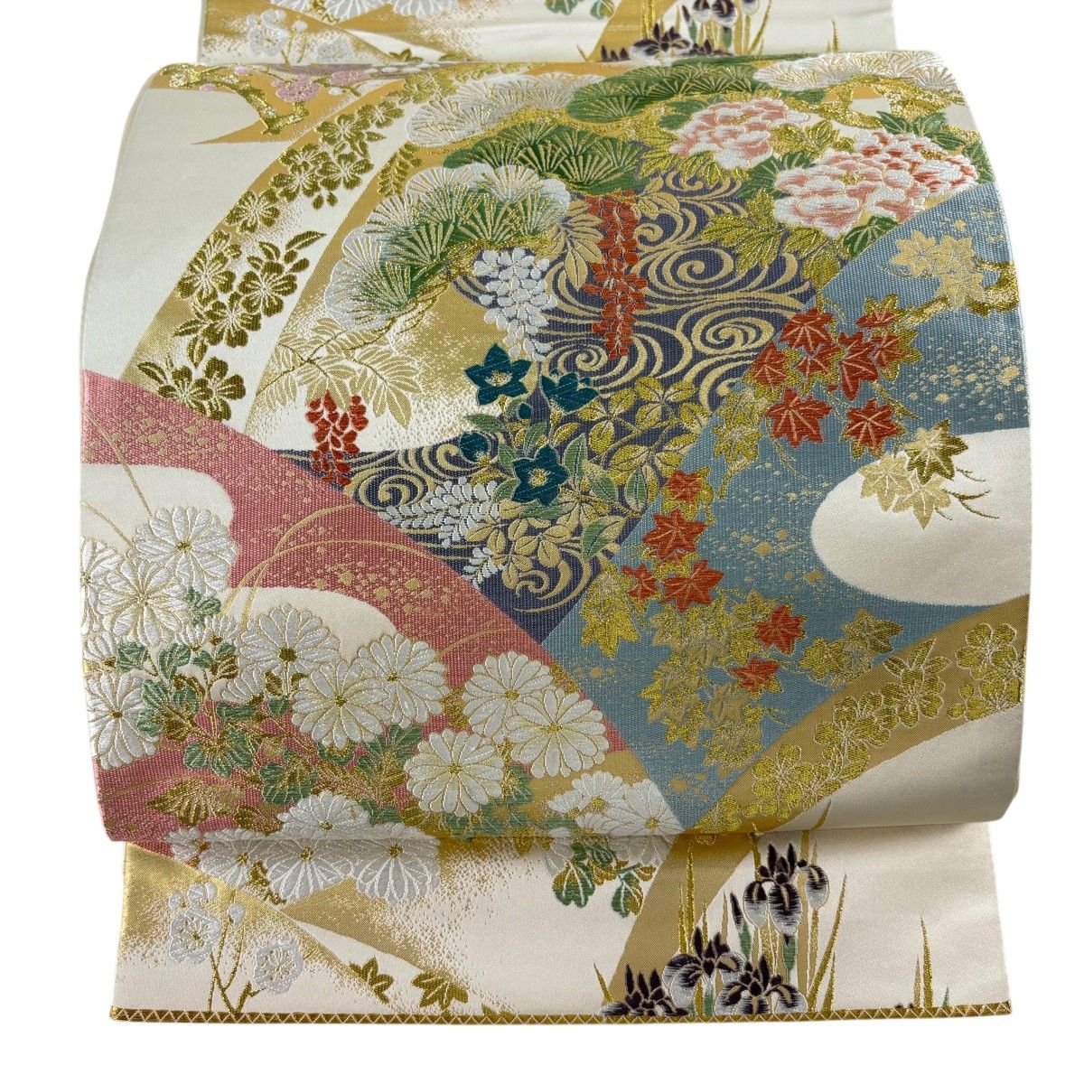 【美品】 袋帯 逸品 となみ織物 落款 瑞宝緞子 関西仕立て 笠松 観世水 金糸 刺繍 金色 六通 正絹 【中古】