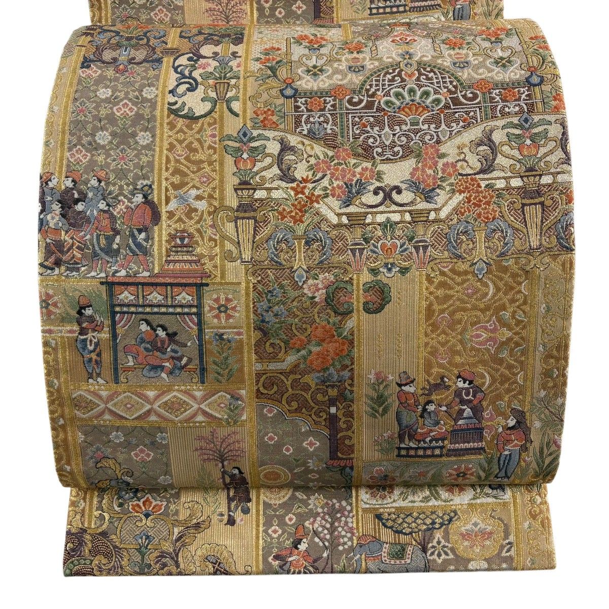 【美品】 袋帯 逸品 トルコ青のモスクの祭 人物 箔 金糸 金色 六通 正絹 【中古】