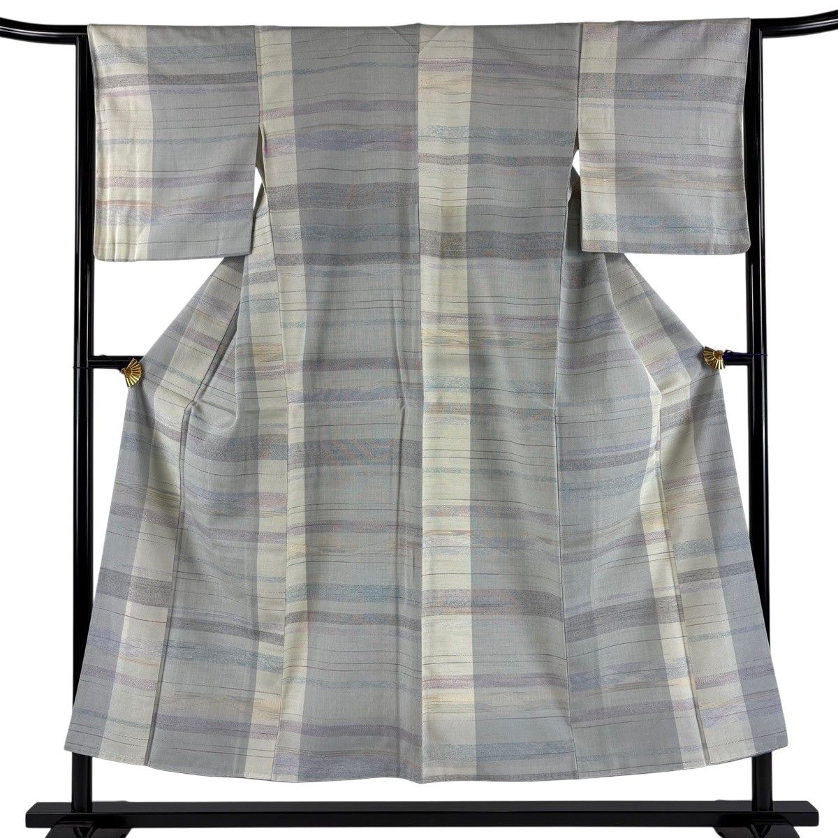 【美品】 お召 身丈150.5cm 裄丈64cm M 袷 本塩沢 やまだ織 証紙 段縞 青灰色 正絹 逸品 【中古】