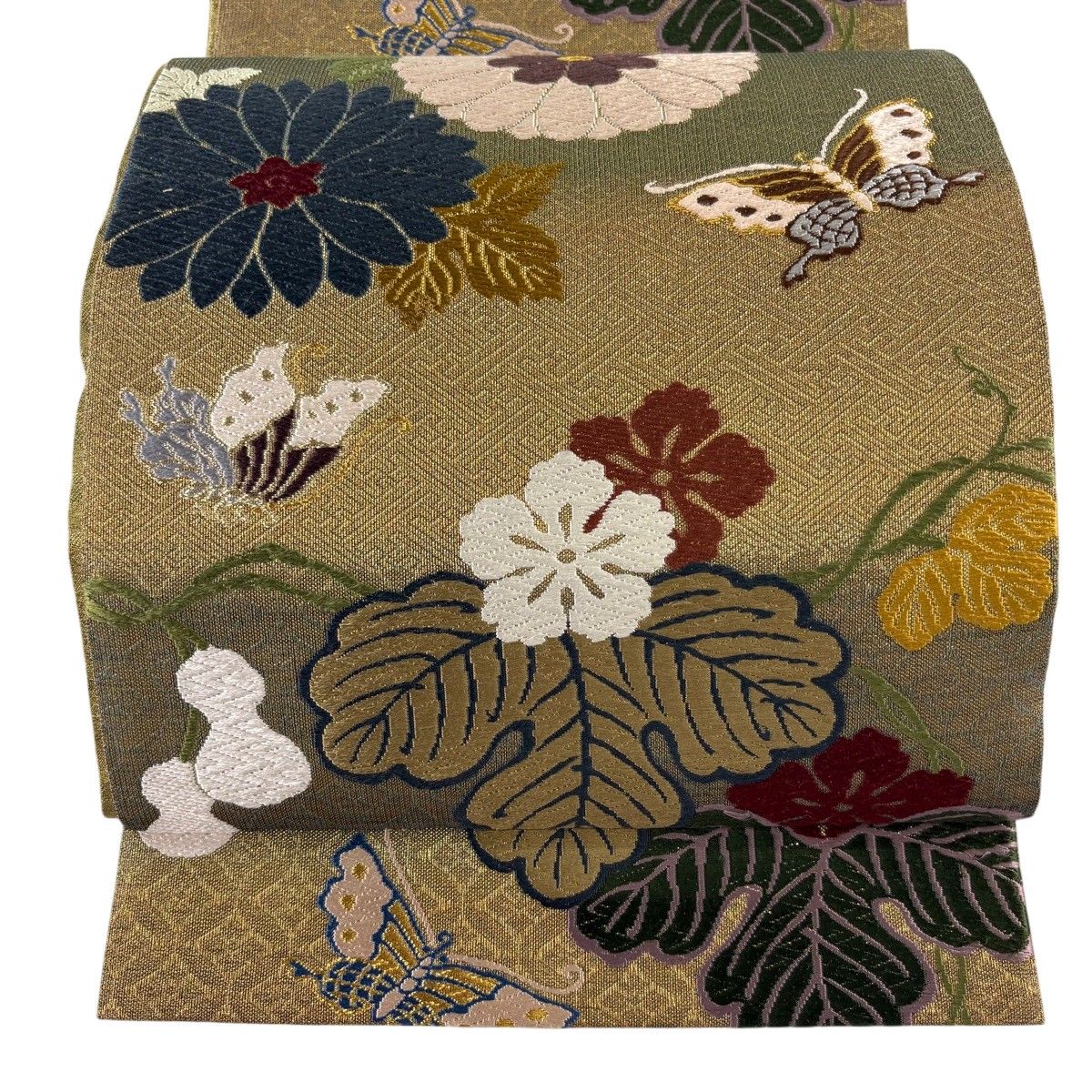 【美品】 袋帯 逸品 誉田屋源兵衛 落款 菊 蝶 唐織 金銀糸 茶色 六通 正絹 【中古】