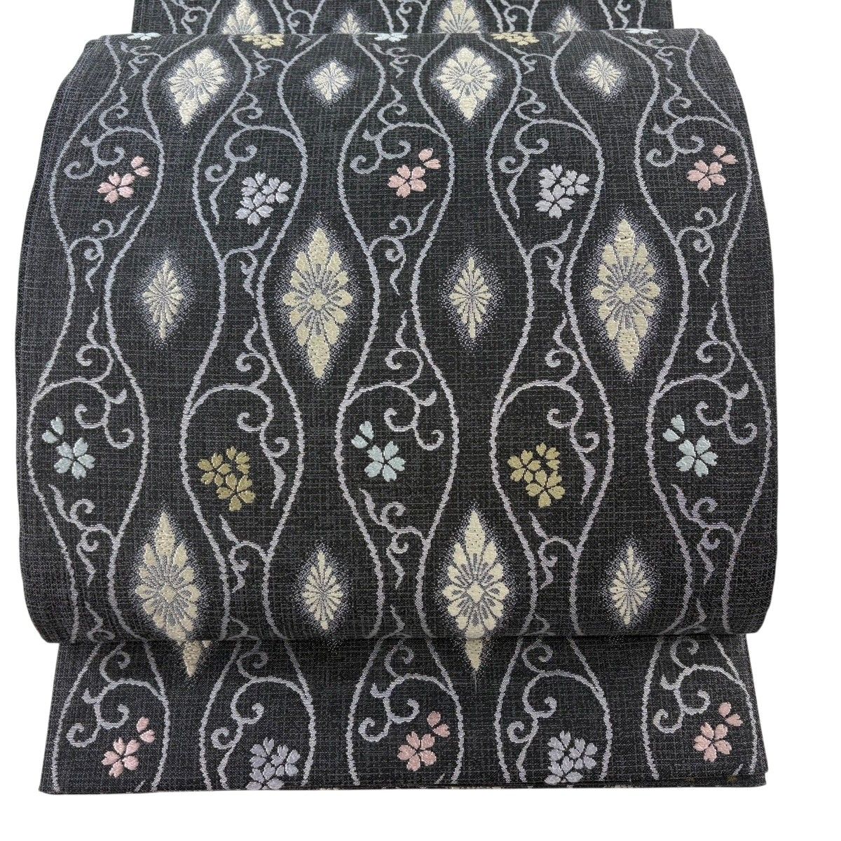 袋帯 逸品 洛陽織物 落款 古渡更紗 立涌 桜 箔 刺繍 黒灰 六通 正絹 【中古】
