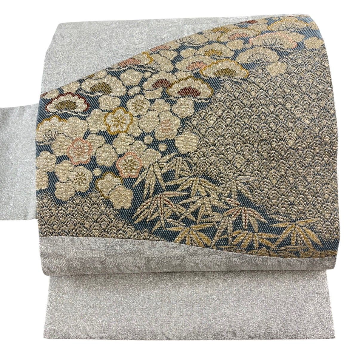 【美品】 名古屋帯 逸品 松竹梅 青海波 銀糸 銀色 正絹 【中古】
