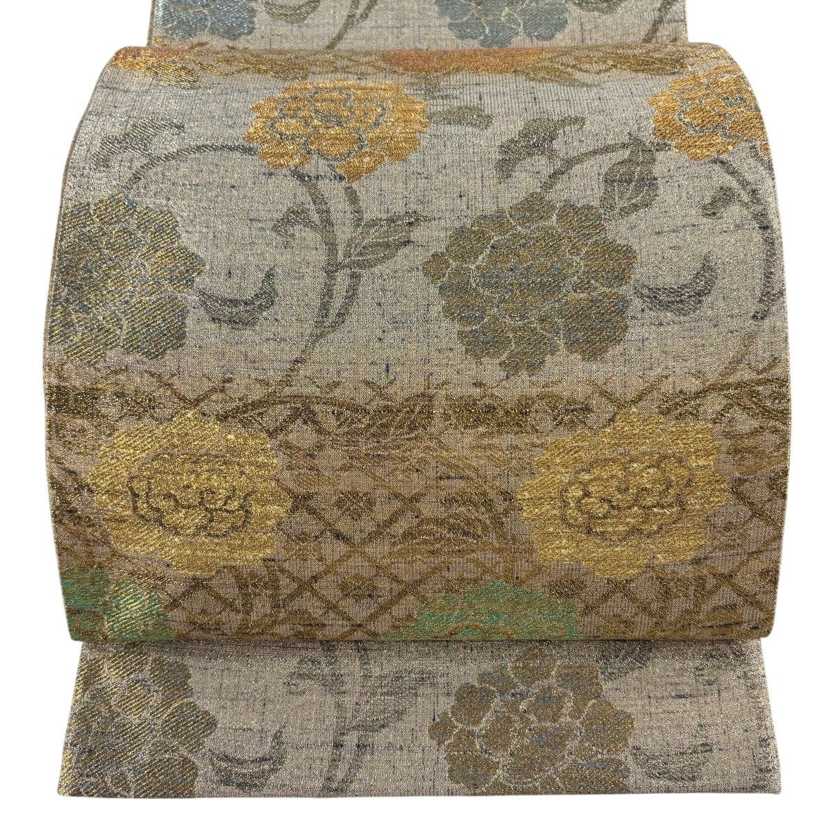 【美品】 袋帯 逸品 桝屋高尾 落款 ねん金綴錦 菱詰牡丹花唐草 段霞文 箔 金色 お太鼓柄 正絹 【中古】