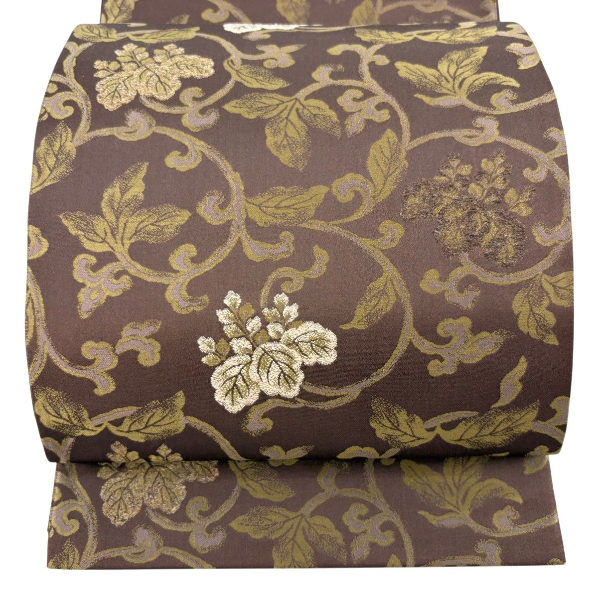【美品】 袋帯 逸品 箔屋清兵衛 落款 草木染 桐唐草 焦茶色 六通 正絹 【中古】