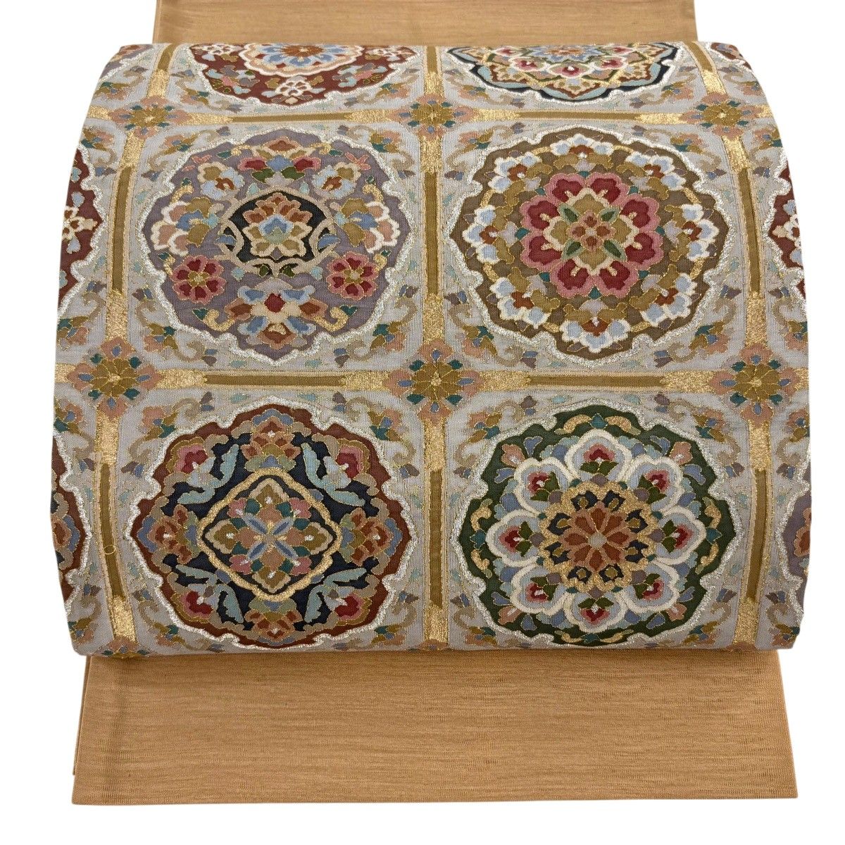 袋帯 逸品 華文 草花 金銀糸 灰色 お太鼓柄 正絹 【中古】