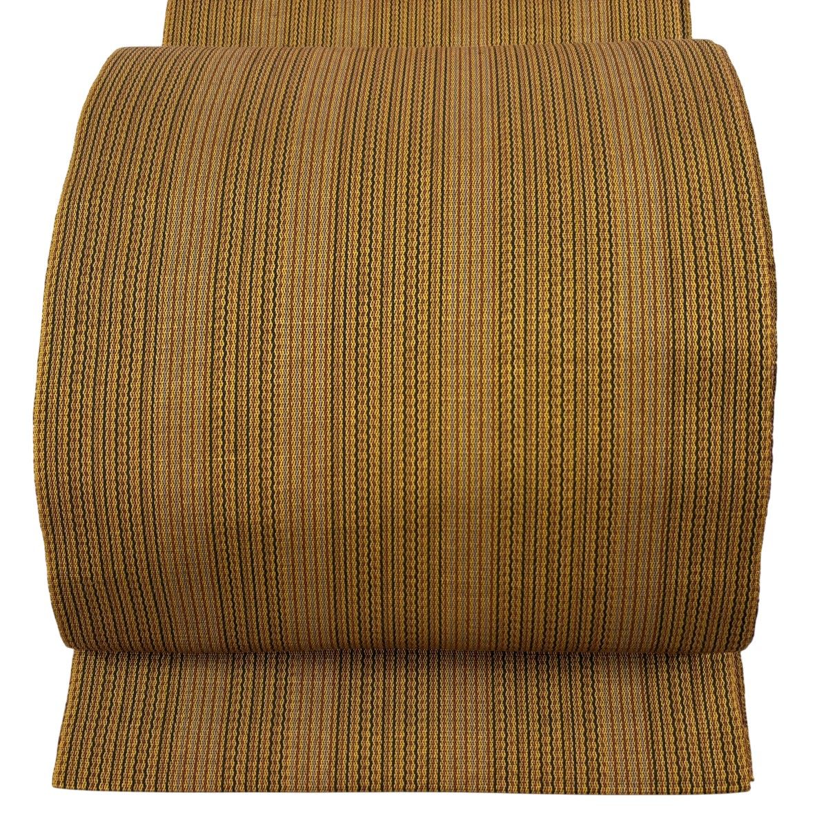 【美品】 名古屋帯 逸品 証紙 大島黄八丈 縞 茶色 お太鼓柄 正絹 【中古】