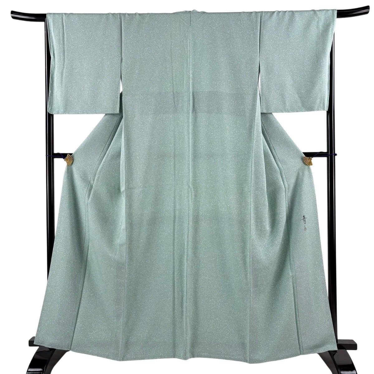 小紋 身丈163.5cm 裄丈67cm M 袷 松井青々 落款 幾何学 薄緑 正絹 逸品 【中古】