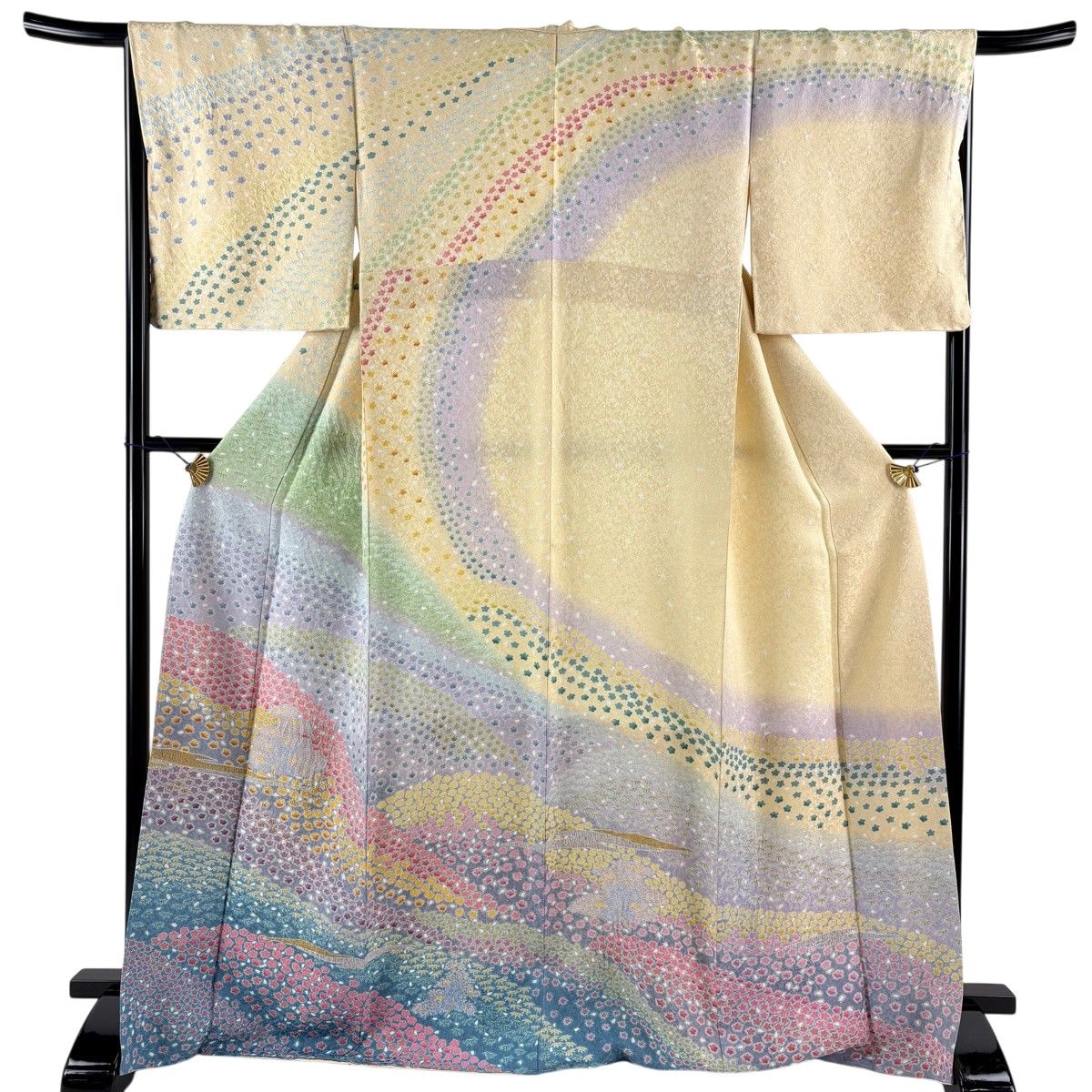 【美品】 訪問着 身丈171cm 裄丈67cm M 袷 霞 草花 刺繍 銀通し ベージュ 正絹 逸品 【中古】