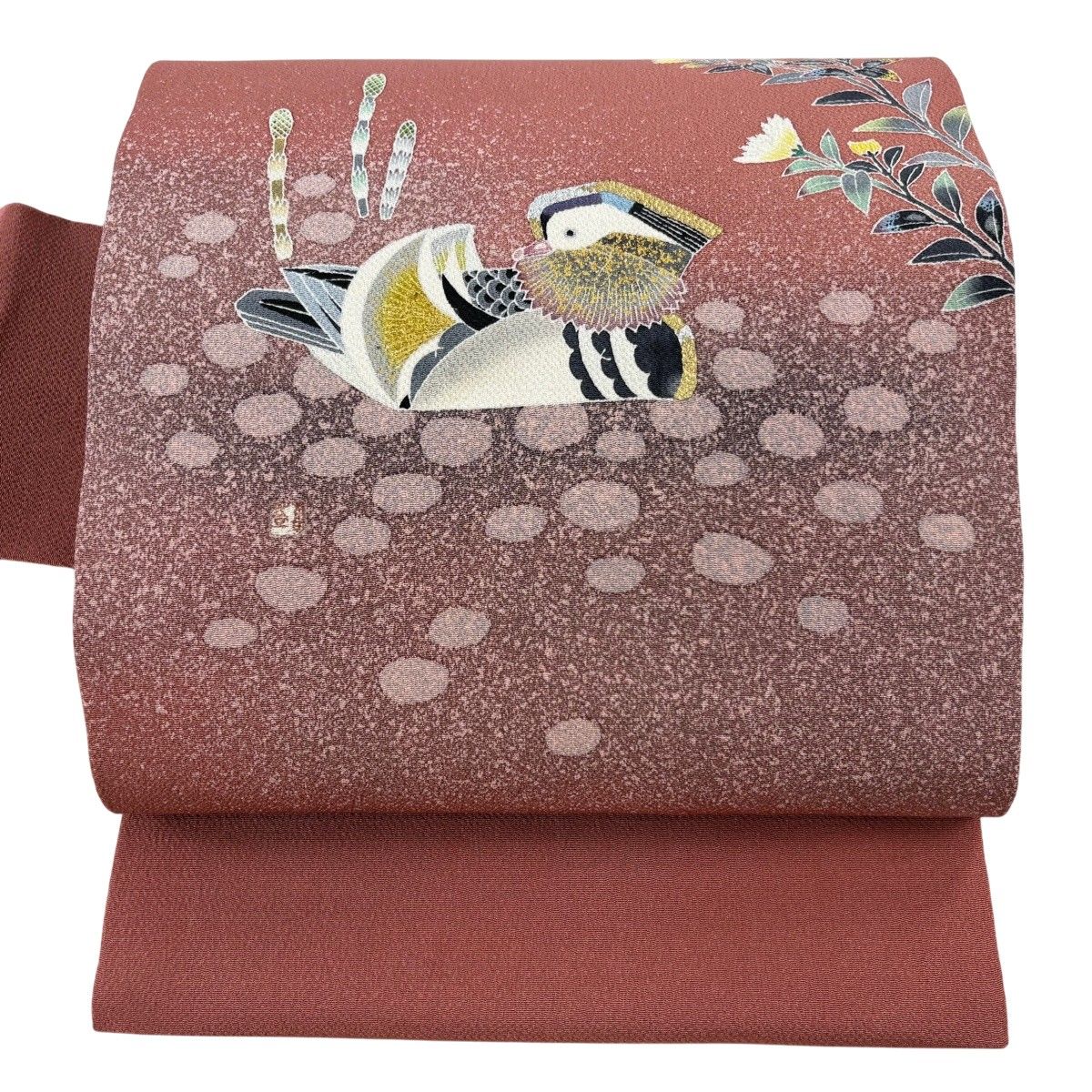【美品】 名古屋帯 逸品 羽田登喜 落款 鴛鴦 草花 金銀彩 縮緬 ピンクベージュ 正絹 【中古】 27,600円