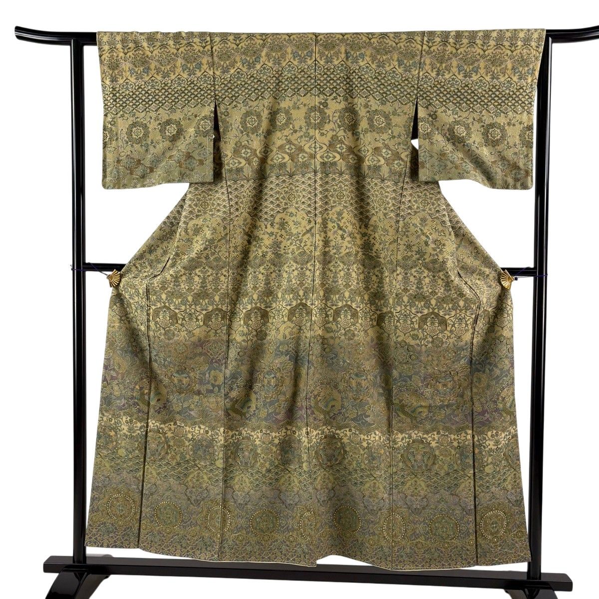 【美品】 訪問着 身丈154cm 裄丈62cm S 袷 華文 鳥 刺繍 茶緑色 正絹 逸品 【中古】
