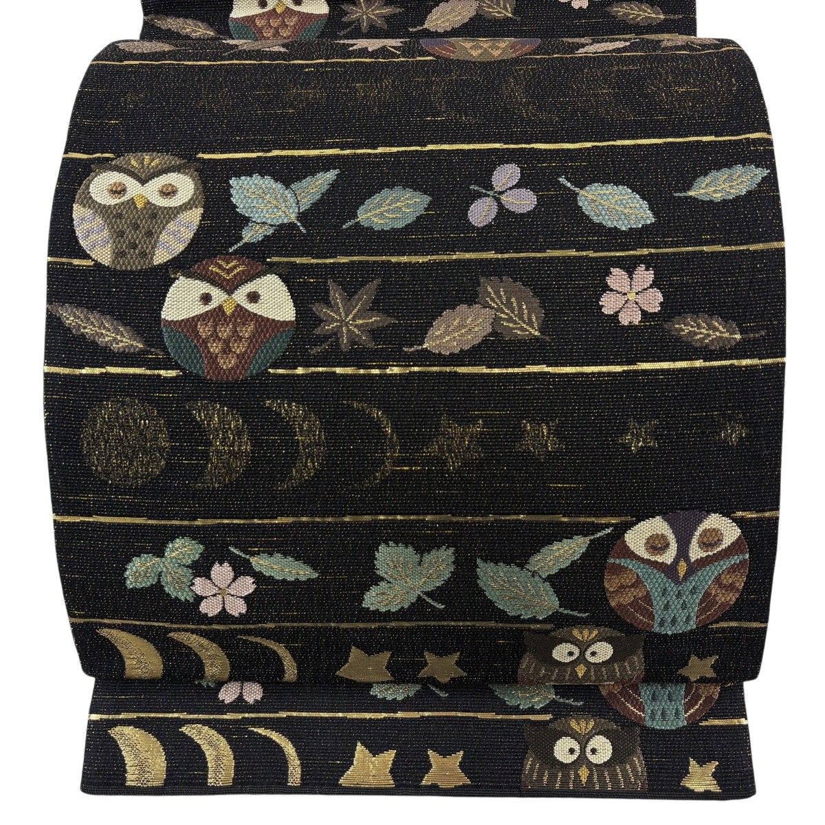 【美品】 袋帯 逸品 ふくろう 三日月 箔 黒 お太鼓柄 正絹 【中古】