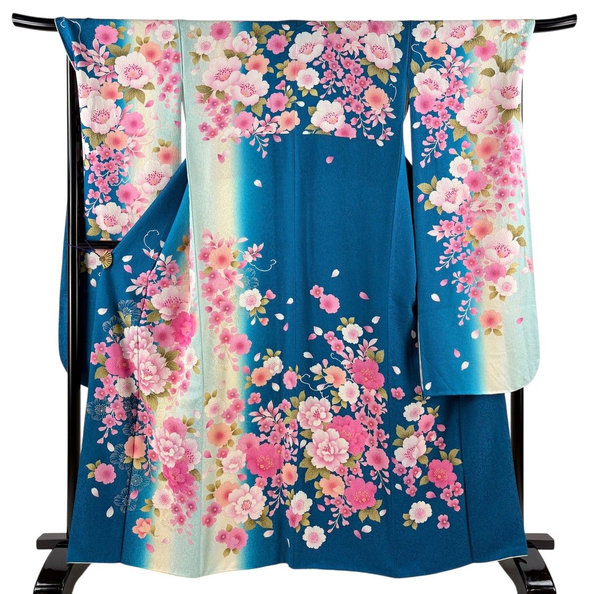 【美品】 振袖 身丈165cm 裄丈70cm L 袷 桜 牡丹 箔 銀通し 青緑 正絹 逸品 【中古】