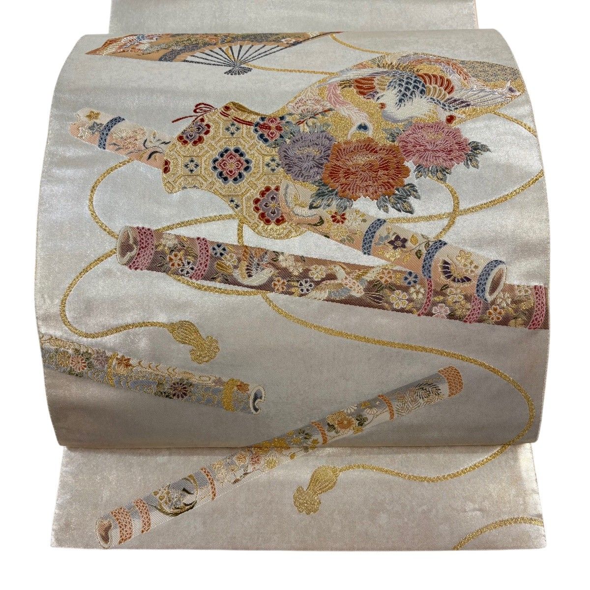 【美品】 袋帯 逸品 長嶋成織物 落款 瀞金錦 桃山の響 扇 鳳凰 箔 灰白 お太鼓柄 正絹 【中古】