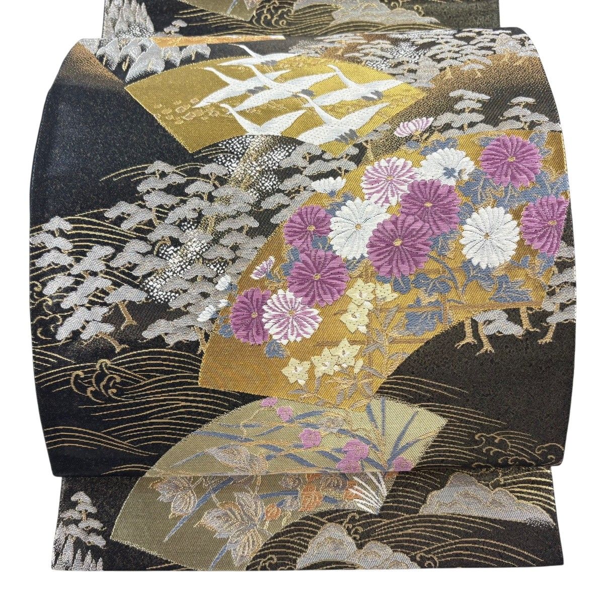 【美品】 袋帯 逸品 じゅらく 落款 じゅらく帝王紫 扇面 花鳥 刺繍 金銀糸 黒 お太鼓柄 正絹 【中古】