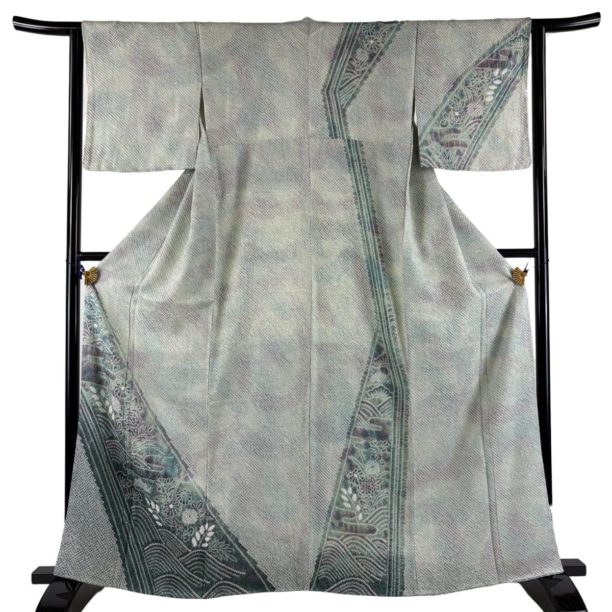 訪問着 身丈163cm 裄丈63cm S 袷 草花 波 絞り ぼかし 灰緑 正絹 逸品 【中古】