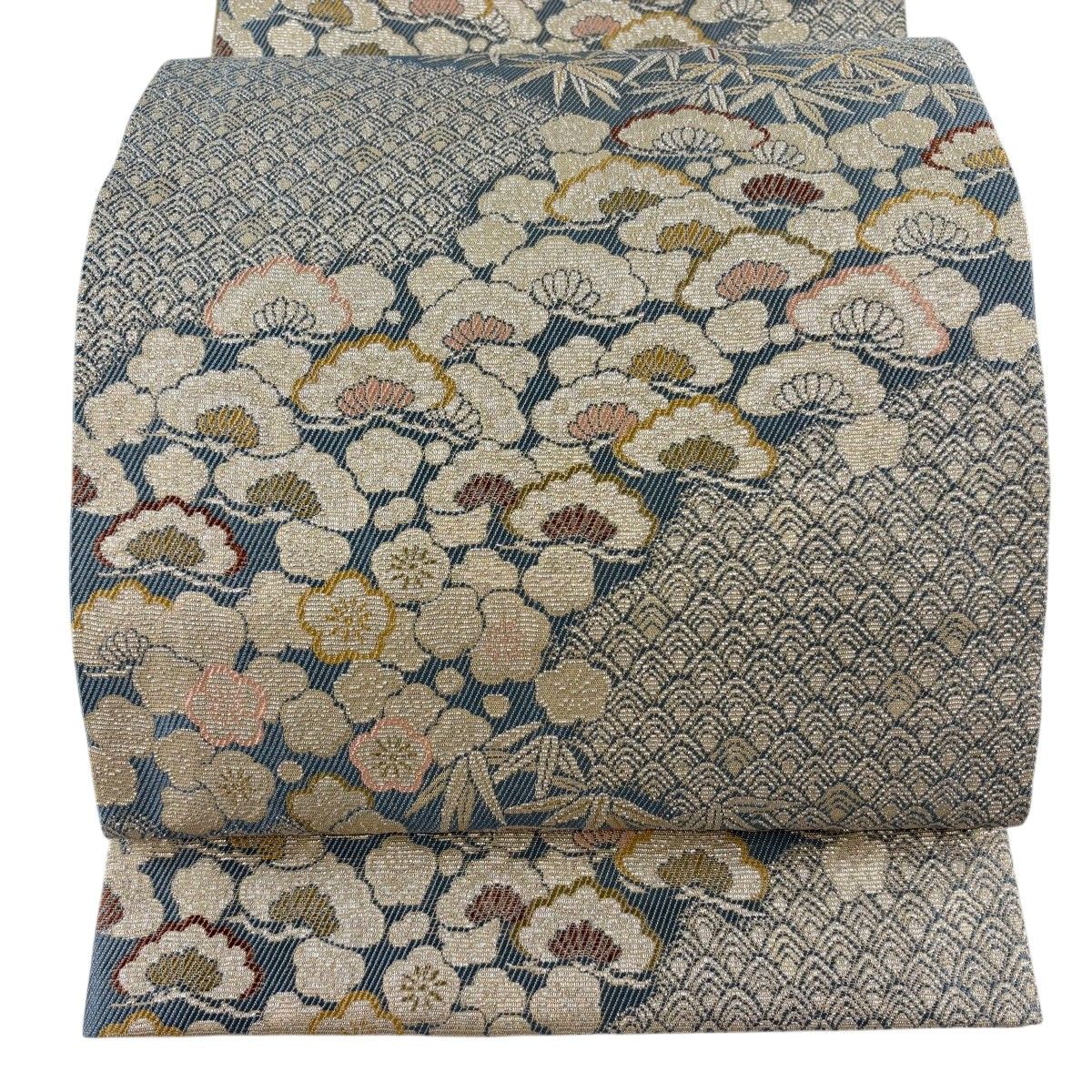 【美品】 袋帯 逸品 松竹梅 青海波 銀糸 青灰色 六通 正絹 【中古】 25,012円